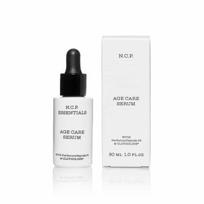 Vegan skin care from N.C.P Essentials, a white bottle with black text and black pipette and a protecting packininge box. Age Care Serum.