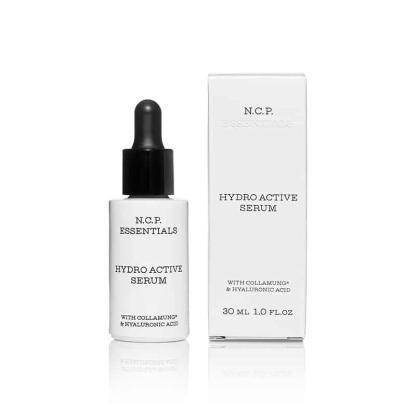 Vegan skin care from N.C.P Essentials, a white bottle with black text and black pipette and a protecting packininge box.Hydro Active Serum.