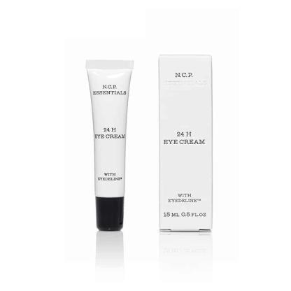 Vegan skin care from N.C.P Essentials, a white tube with black text and black cap and a protecting packininge box. 24 H Eye Cream.