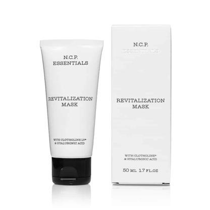 Vegan skin care from N.C.P Essentials, a white tube with black text and black cap and a protecting packininge box. Revitalization Mask.
