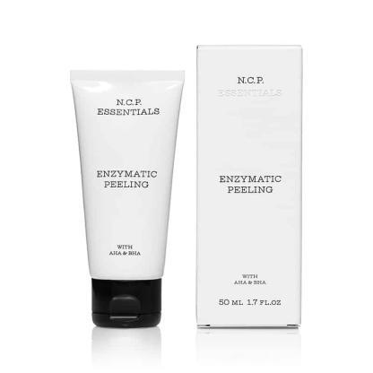Vegan skin care from N.C.P Essentials, a white tube with black text and black cap and a protecting packininge box. Enzymatic Peeling.