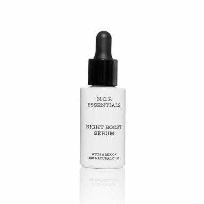 Vegan skin care from N.C.P Essentials, a white bottle with black text and black pipette. Night Boost Oil..