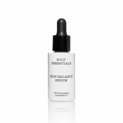 Vegan skin care from N.C.P Essentials, a white bottle with black text and black pipette. Skin Balance Serum.