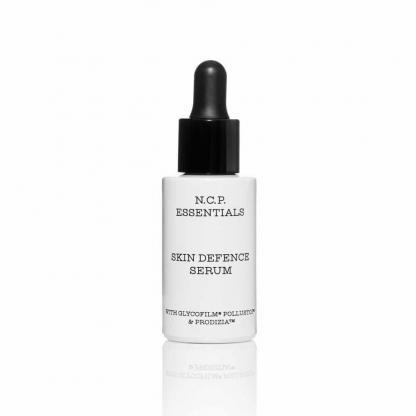 Vegan skin care from N.C.P Essentials, a white bottle with black text and black pipette. Skin Defence Serum.