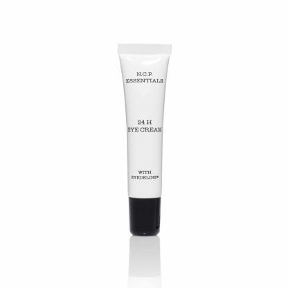 Vegan skin care from N.C.P Essentials, a white tube with black text and black cap. 24 H Eye Cream.