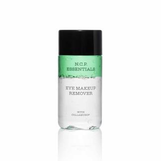 Vegan skin care from N.C.P Essentials, a transparent bottle with green and transparent liquid with a black cap. Eye makeup remover.